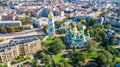 Aerial drone view of St Sophia cathedral and Kiev city skyline from above, Kyiv cityscape, Ukraine