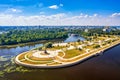 Aerial drone view of Strelka park and Assumption Cathedral in summer. Yaroslavl city, touristic Golden Ring in Russia Royalty Free Stock Photo