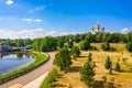 Aerial drone view of Strelka park and Assumption Cathedral in summer. Yaroslavl city, touristic Golden Ring in Russia Royalty Free Stock Photo