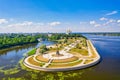 Aerial drone view of Strelka park and Assumption Cathedral in summer. Yaroslavl city, touristic Golden Ring in Russia Royalty Free Stock Photo