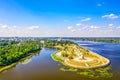 Aerial drone view of Strelka park and Assumption Cathedral in summer. Yaroslavl city, touristic Golden Ring in Russia Royalty Free Stock Photo