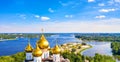 Aerial drone view of Strelka park and Assumption Cathedral in summer. Yaroslavl city, touristic Golden Ring in Russia Royalty Free Stock Photo