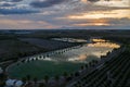 Aerial drone view sunset in Hip-notics cable park wake park in Antalya Turkey. Wakeboarding in Turkey Royalty Free Stock Photo