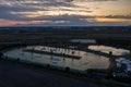 Aerial drone view sunset in Hip-notics cable park wake park in Antalya Turkey. Wakeboarding in Turkey Royalty Free Stock Photo