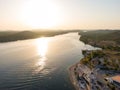 Aerial drone view of sunset over Kornati islands near the Sibenik city, Croatia. Water bay with boats ans soft sun light Royalty Free Stock Photo