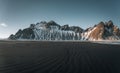 Aerial drone view of sunset runrise and gorgeous reflection of Vestrahorn mountain on Stokksnes cape in Iceland Royalty Free Stock Photo