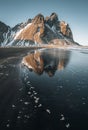 Aerial drone view of sunset runrise and gorgeous reflection of Vestrahorn mountain on Stokksnes cape in Iceland Royalty Free Stock Photo