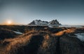 Aerial drone view of sunset runrise and gorgeous reflection of Vestrahorn mountain on Stokksnes cape in Iceland Royalty Free Stock Photo