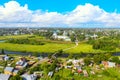 Aerial drone view of Suzdal Kremlin and cathedral of Nativity at the Kamenka river, Russia. Summer sunny day