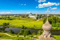 Aerial drone view of Suzdal Kremlin and cathedral of Nativity with Museum of Wooden Architecture at the Kamenka river, Russia. Royalty Free Stock Photo