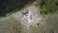 Aerial drone view to the monument at the top of the lake kelimutu view. Three multicolored cratered acid lakes that