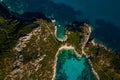 Aerial drone view to Porto Timoni paradise beach with clear teal Ionian sea water. Greece Corfu tropical island. Amazing Royalty Free Stock Photo