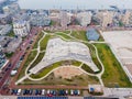 Aerial drone view on top of europe largest skatepark in The Netherlands Zeeburgereiland