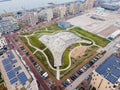 Aerial drone view on top of europe largest skatepark in The Netherlands Zeeburgereiland