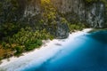 Aerial drone view of tropical exotic beach of Pinagbuyutan Island in El Nido. Amazing white sand beach and blue lagoon Royalty Free Stock Photo