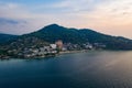 Aerial drone view of tropical Kamala Beach area and Andaman Sea in Phuket