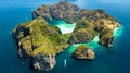 Aerial drone view of tropical Ko Phi Phi island, beaches and boats in blue clear Andaman sea water from above, Thailand Royalty Free Stock Photo