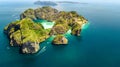 Aerial drone view of tropical Ko Phi Phi island, beaches and boats in blue clear Andaman sea water from above, Thailand Royalty Free Stock Photo