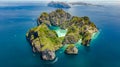 Aerial drone view of tropical Ko Phi Phi island, beaches and boats in blue clear Andaman sea water from above, Thailand Royalty Free Stock Photo