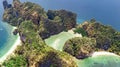 Aerial drone view of tropical Koh Hong island in blue clear Andaman sea water from above, beautiful archipelago islands