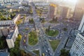 Aerial drone view of two level road junction during rush hour. Traffic jam in busy urban highway with circles. Busy street with lo Royalty Free Stock Photo