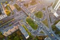 Aerial drone view of two level road junction during rush hour. Traffic jam in busy urban highway with circles. Busy street with lo Royalty Free Stock Photo