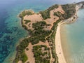 Aerial drone view of Vasilikos Gerakas beach in Zante, Zakynthos. Jason\'s bite on Zakinthos island, Greece. Gerakas Beach. Royalty Free Stock Photo