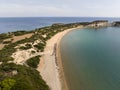 Aerial drone view of Vasilikos Gerakas beach in Zante, Zakynthos. Jason\'s bite on Zakinthos island, Greece. Gerakas Beach. Royalty Free Stock Photo