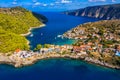 Aerial drone view video of beautiful and picturesque colorful traditional fishing village of Assos in island of Cefalonia, Ionian Royalty Free Stock Photo