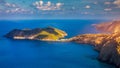 Aerial drone view video of beautiful and picturesque colorful traditional fishing village of Assos in island of Cefalonia, Ionian Royalty Free Stock Photo