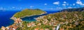 Aerial drone view video of beautiful and picturesque colorful traditional fishing village of Assos in island of Cefalonia, Ionian Royalty Free Stock Photo