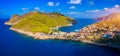 Aerial drone view video of beautiful and picturesque colorful traditional fishing village of Assos in island of Cefalonia, Ionian Royalty Free Stock Photo