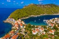 Aerial drone view video of beautiful and picturesque colorful traditional fishing village of Assos in island of Cefalonia, Ionian Royalty Free Stock Photo