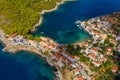 Aerial drone view video of beautiful and picturesque colorful traditional fishing village of Assos in island of Cefalonia, Ionian Royalty Free Stock Photo