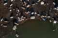 Aerial drone view waterfront scrap-heap plastic bottles rubbish pollution marine debris outdoors