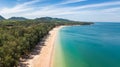 Aerial drone view of white sand tropical beach and Andaman sea from above, Koh Lanta island, Thailand