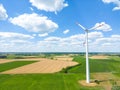 Aerial drone view of wind power turbines, part of a wind farm. Wind turbines on green field in countryside. Wind power plant Royalty Free Stock Photo