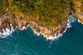 Aerial drone view of wooden boardwalk and sea waves Royalty Free Stock Photo