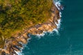 Aerial drone view of wooden boardwalk and sea waves Royalty Free Stock Photo