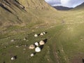 Aerial drone view of Yurts at a nomad camp in a valley near Kol-Ukok in Kyrgyzstan