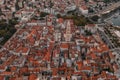 Aerial drone west side view of Diocletian Palace by riva in Split old town in Croatia in sunrise