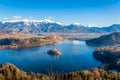 Aerial, elevated view of Lake Bled from Mt. Osojnica Royalty Free Stock Photo