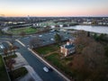 Aerial of an empty parking lot, Loudoun Station Parking Garage in Trenton, New Jersey at sunrise