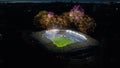 Aerial Establishing Shot of a Whole Stadium with Soccer Championship Match Starting. Teams Play