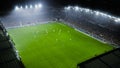 Aerial Establishing Shot of a Whole Stadium with Soccer Championship Match. Teams Play, Crowd of