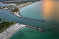 Aerial evening seascape with Nokomis sandy beach in Sarasota County, USA. Many tourists enjoing summer vacation time