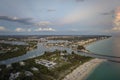 Aerial evening seascape with Nokomis sandy beach in Sarasota County, USA. Many tourists enjoing summer vacation time
