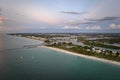 Aerial evening seascape with Nokomis sandy beach in Sarasota County, USA. Many tourists enjoing summer vacation time