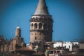 Aerial evening shot of the Galata Tower in Istanbul, Turkey