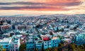 Aerial evening view of Athens, capital of Greece, Europe. Splendid spring sunset in the big sity. Traveling concept background.